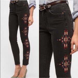 UO BDG High Rise Cigarette Jeans Black with Aztec Embroidery down Sides 26 x 30